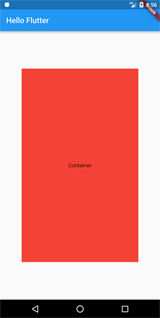 Captura de tela em que a ferramenta Flutter está aberta em um dispositivo android, com um quadrado no meio da tela escrito “Container”