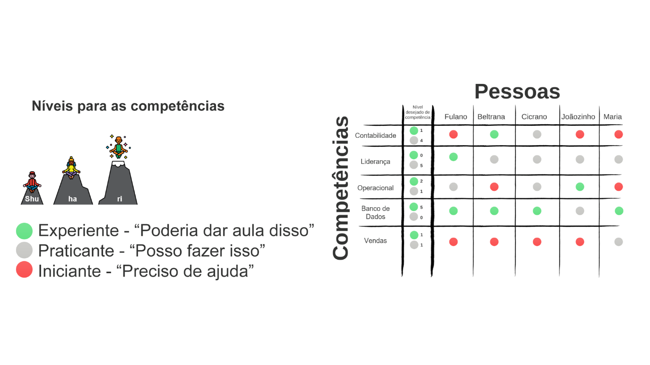 A imagem traz a tona a matriz de competências, onde ao lado esquerdo é explicado os níveis de competência como: experiente: “poderia dar aula disso”; Praticante: “posso fazer isso” e iniciante: “Preciso de ajuda. No lado direito contém uma tabela exemplificando a aplicação desses níveis. 