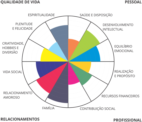 A imagem retrata a ferramenta Roda da Vida, onde se cria uma representação visual dos esforços do usuário. Neste caso, é especificamente no âmbito profissional. 