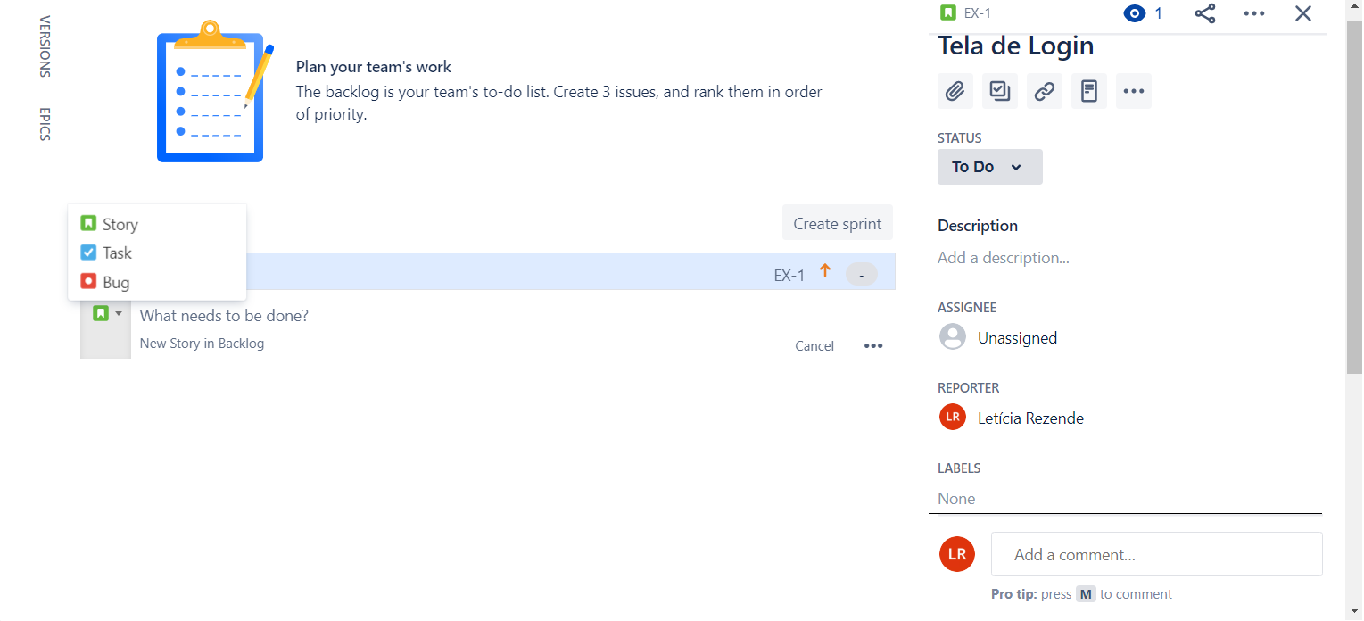 Tela do Jira onde você pode fazer a seleção (Story, Task ou Bug) e detalhar o trabalho do time.