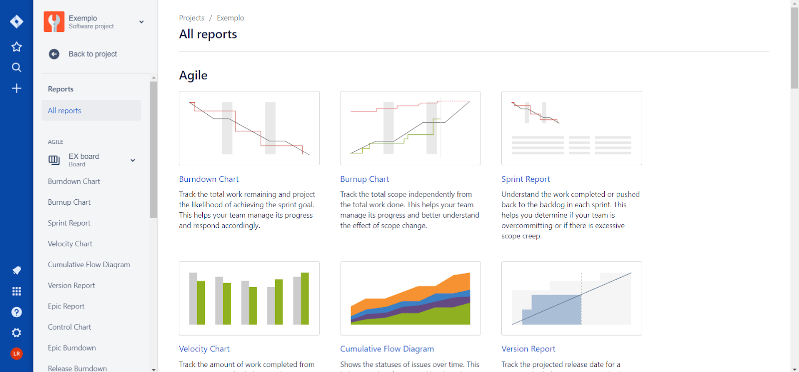 Área do Jira em que vemos os principais relatórios de Agile para escolher. Na imagem é possível ver Sprint Report, Burndown Chart, Burnup Chart entre outros.