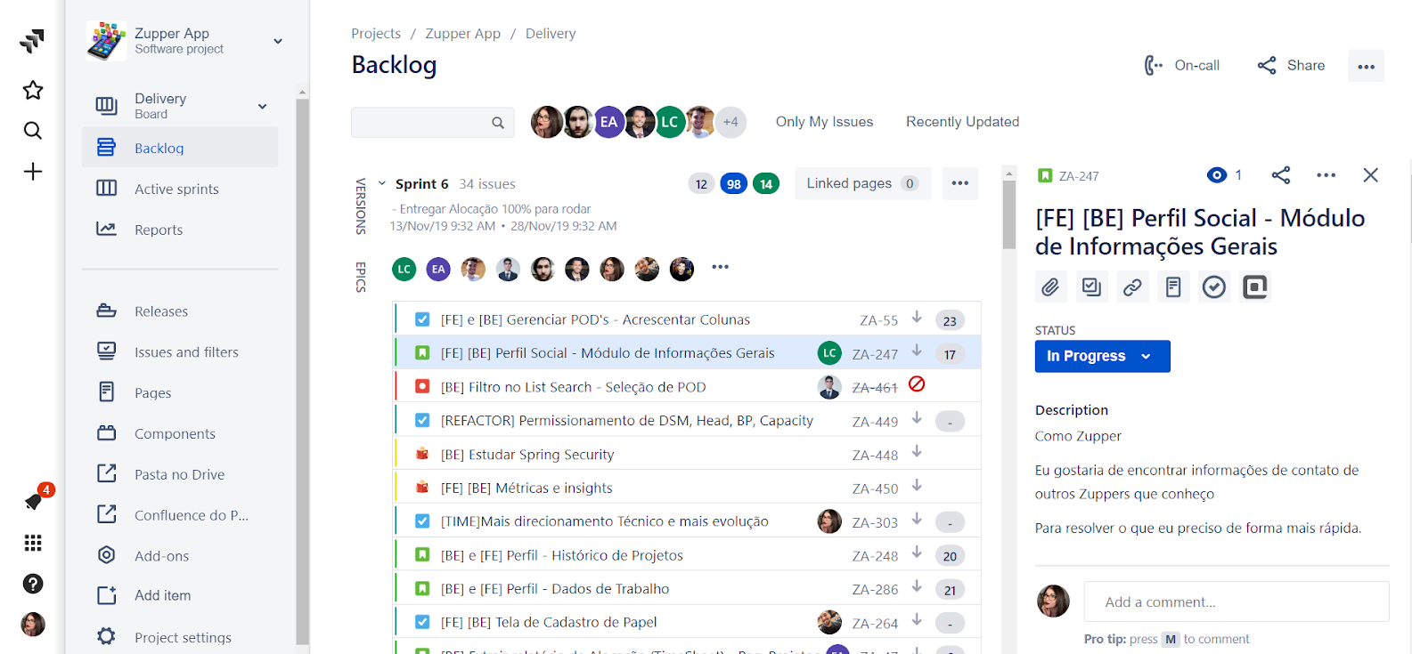 Na imagem temos um exemplo de backlog de projeto no Jira. A tela é dividida em 3. Na primeira parte, é o menu de navegação, onde vemos além do backlog, opções como Reports (relatórios), Delivery, Releases e várias outras opções. No meio, temos o backlog propriamente dito e as várias tasks da sprint em formato de lista. Por fim, no canto direito, temos mais informações de uma tarefa que estava selecionada na área da sprint.