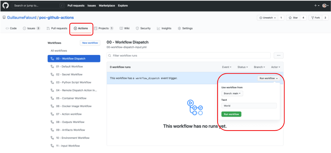 Ilustração da interface gráfica do Github num repositório de POC onde mostra como iniciar um workflow manualmente no Github Actions.