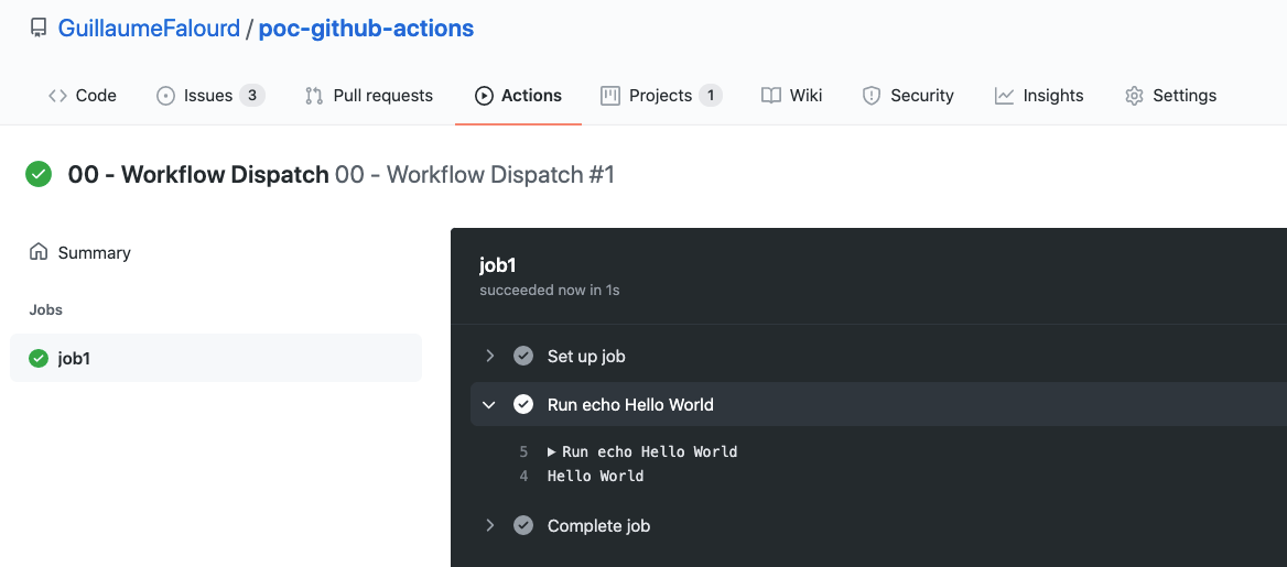 Ilustração da interface gráfica do Github num repositório de POC onde mostra o resultado do acionamento manual do workflow anterior no Github Actions.