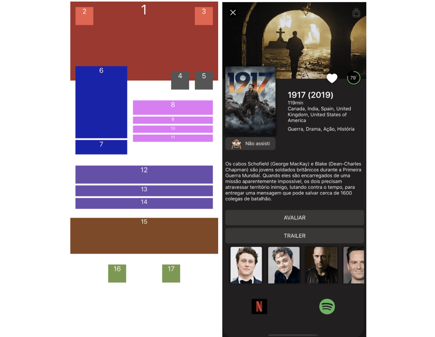 Imagem comparativa: do lado esquerdo, a tela com várias caixas de 1 a 17 e, do lado direito, a tela que simula o aplicativo de streaming construído neste tutorial.