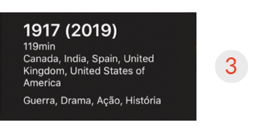 Imagem de uma parte da tela do aplicativo de streaming, mais especificamente o container 3, que mostra as especificações do filme: título (1917), países de origem (Canadá, Índia, Espanha, Reino Unido, Estados Unidos) e gêneros (Guerra, Drama, Ação, História).