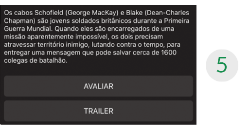 Imagem de uma parte da tela do aplicativo de streaming, mais especificamente o container 6, que mostra um texto com o que seria a sinopse do filme e, logo abaixo, os botões AVALIAR e TRAILER. 