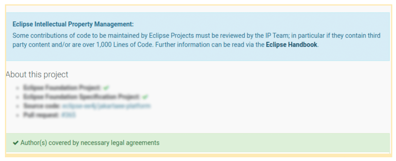 Na imagem temos o exemplo de uma contribuição em um projeto Eclipse com a mensagem em inglês “Author(s) covered by necessary legal agreements”, ou “Autor (es) coberto (s) pelos acordos legais necessários”em português.