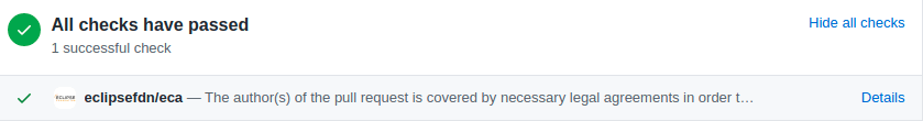 Na imagem temos o exemplo de uma contribuição em um projeto Eclipse que mostra a etapa de verificação de acordos legais efetuada com sucesso.