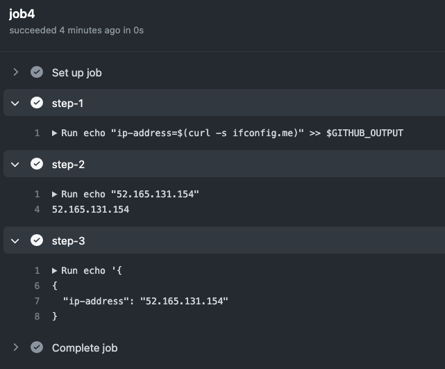 Quarta imagem do conteúdo "Workflows no Github Actions: Como manipular outputs": Ilustração da interface gráfica do Github num repositório de POC onde mostra o resultado do job 4 no workflow anterior no Github Actions.