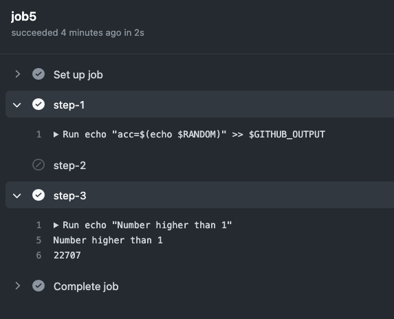 Quinta imagem do conteúdo "Workflows no Github Actions: Como manipular outputs": Ilustração da interface gráfica do Github num repositório de POC onde mostra o resultado do job 5 no workflow anterior no Github Actions.