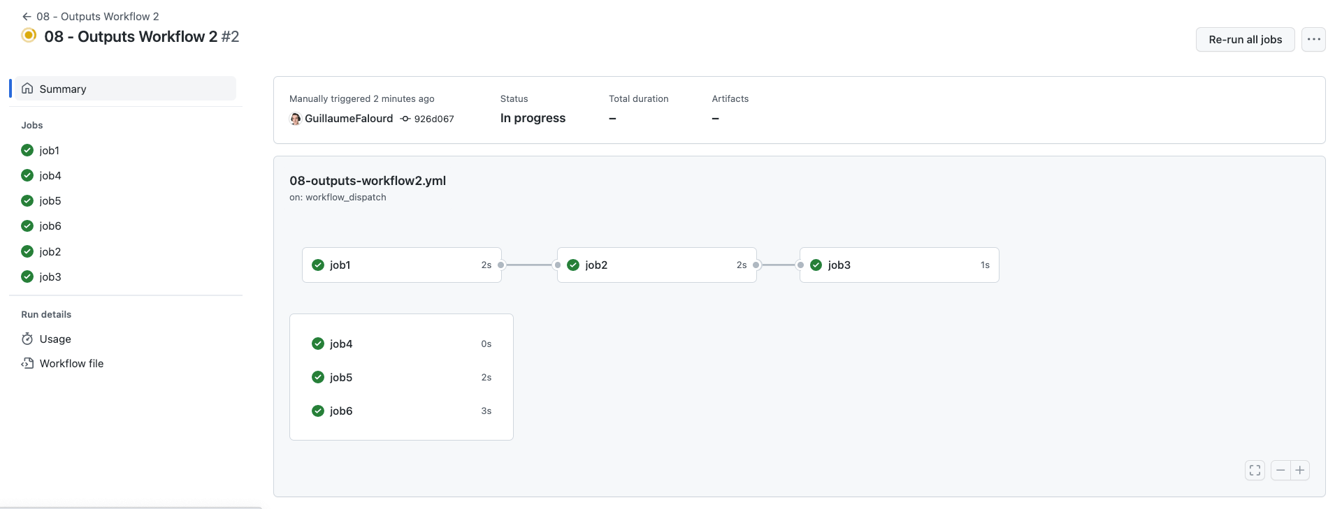 Segunda imagem do conteúdo "Workflows no Github Actions: Como manipular outputs": Ilustração da interface gráfica do Github num repositório de POC onde mostra a estrutura e as dependências entre os jobs do workflow anterior no Github Actions.