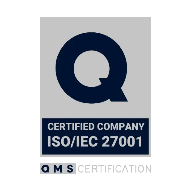 Imagem a cinza claro da certificação ISO 27001. No centro, encontra-se uma forma circular com a palavra “ISO” centrada e, à volta da forma, a seguinte inscrição: “ISO 27001 Segurança da informação”.