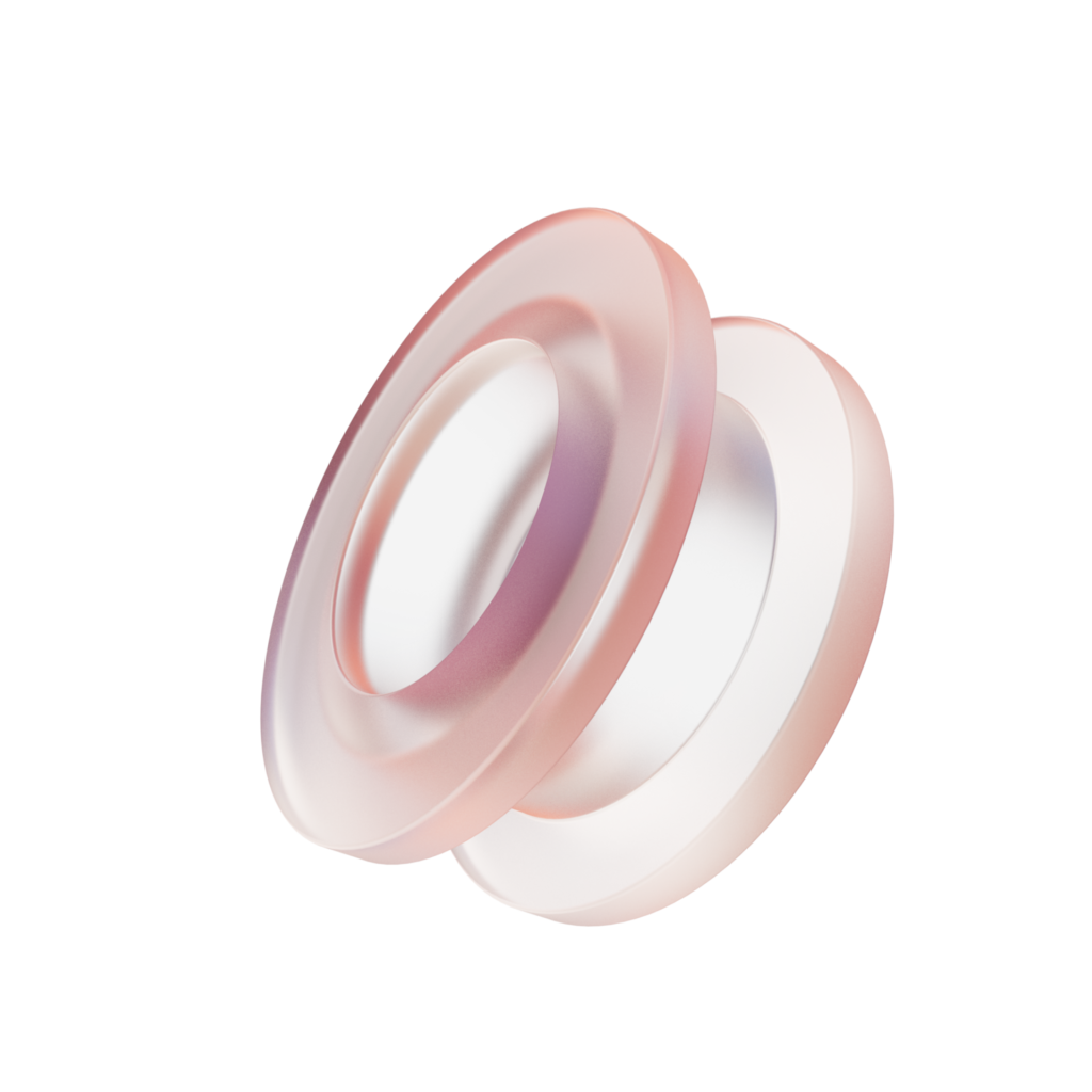 Ilustração 3D abstrata com anéis translúcidos em tons de rosa e branco representando camadas e estrutura de soluções de inteligência artificial.