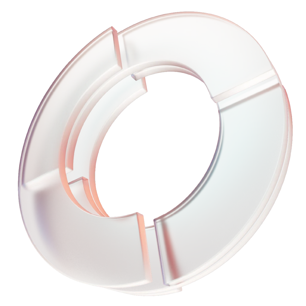 Ilustração 3D abstrata com estrutura circular segmentada em tons translúcidos de branco e rosa, representando modernização e transformação de sistemas legados.