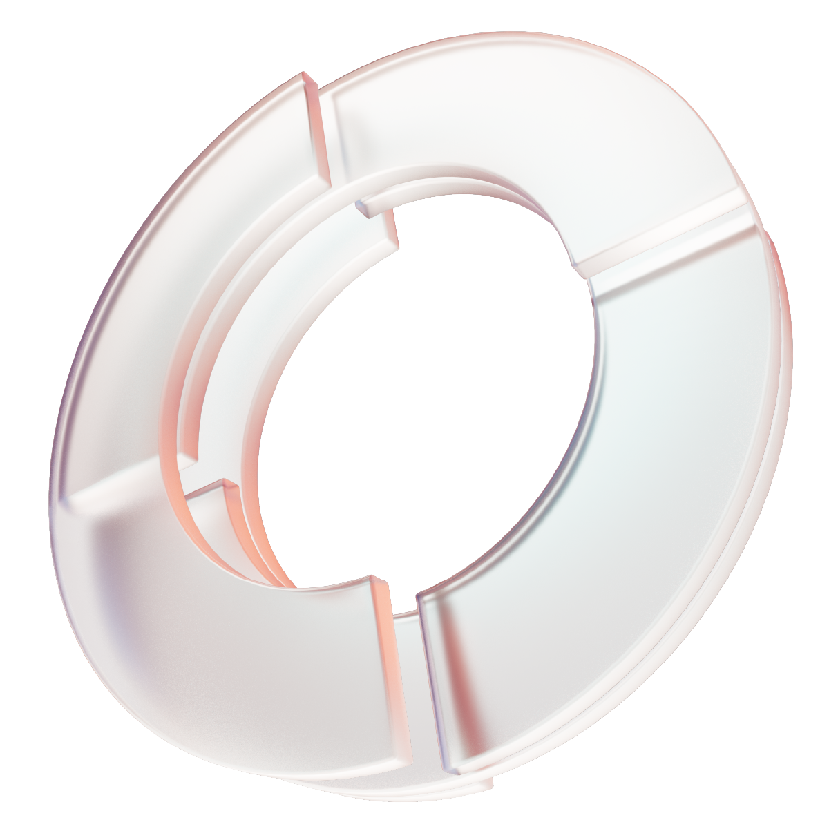Ilustração 3D abstrata com anéis translúcidos em tons de rosa e branco representando camadas e estrutura de soluções de inteligência artificial.