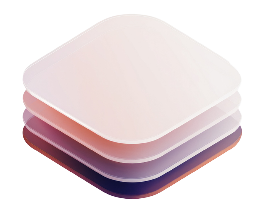 Ilustração 3D com camadas quadradas translúcidas em tons de branco, rosa e roxo empilhadas, representando camadas de tecnologia e desenvolvimento de aplicações com inteligência artificial.